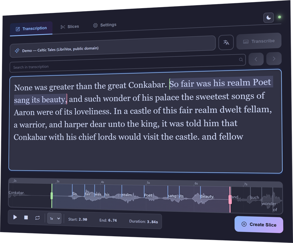 The Vocal Slice app: a phrase is selected in the transcript and the waveform below highlights exactly that span of audio, showing its start, end and duration.